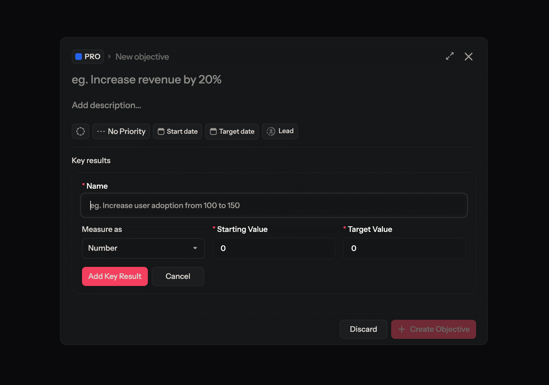Adding a Key Result inline in the Complexus New Objective dialog