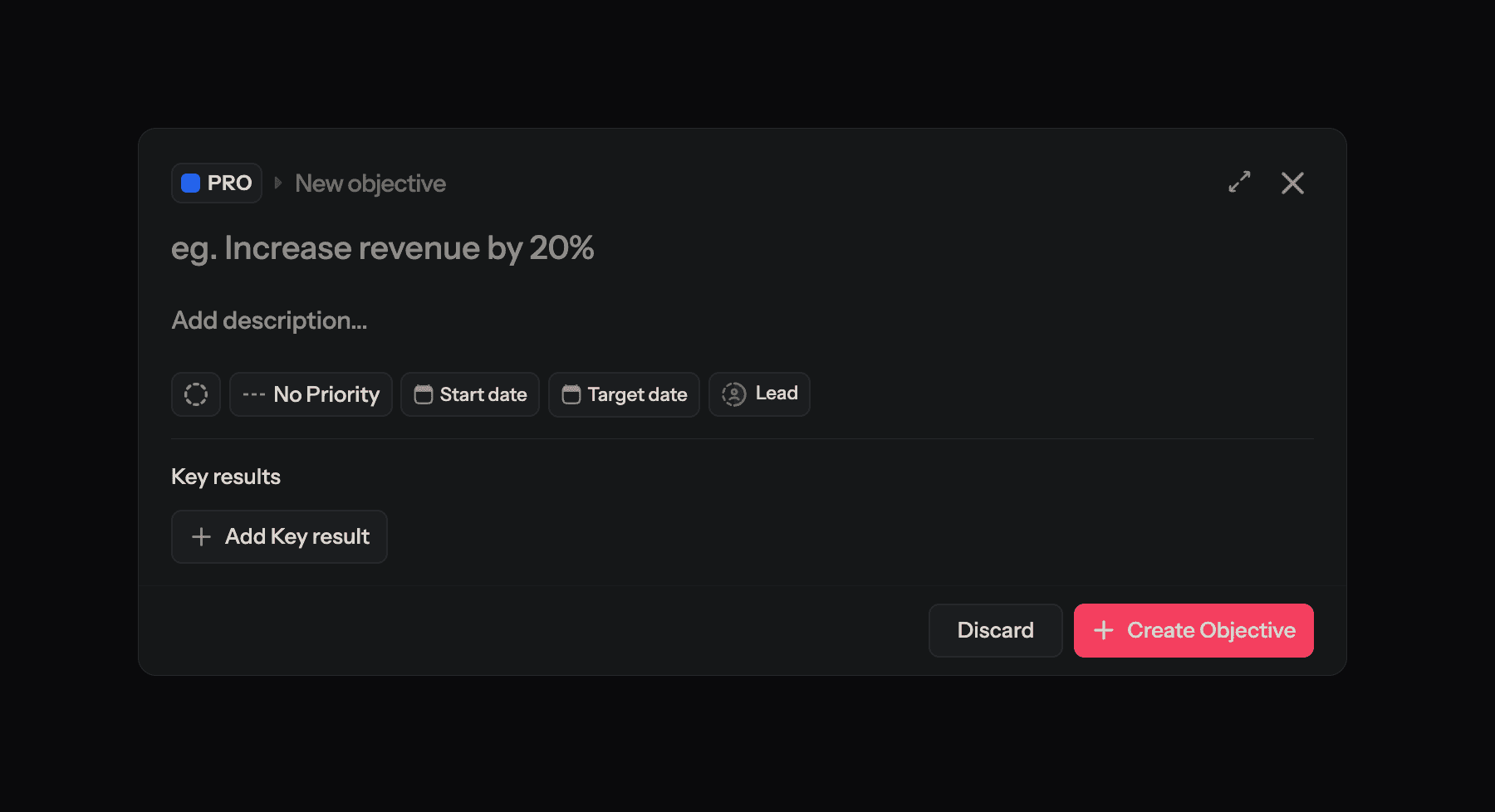 Complexus New Objective dialog with inline Key Result creation