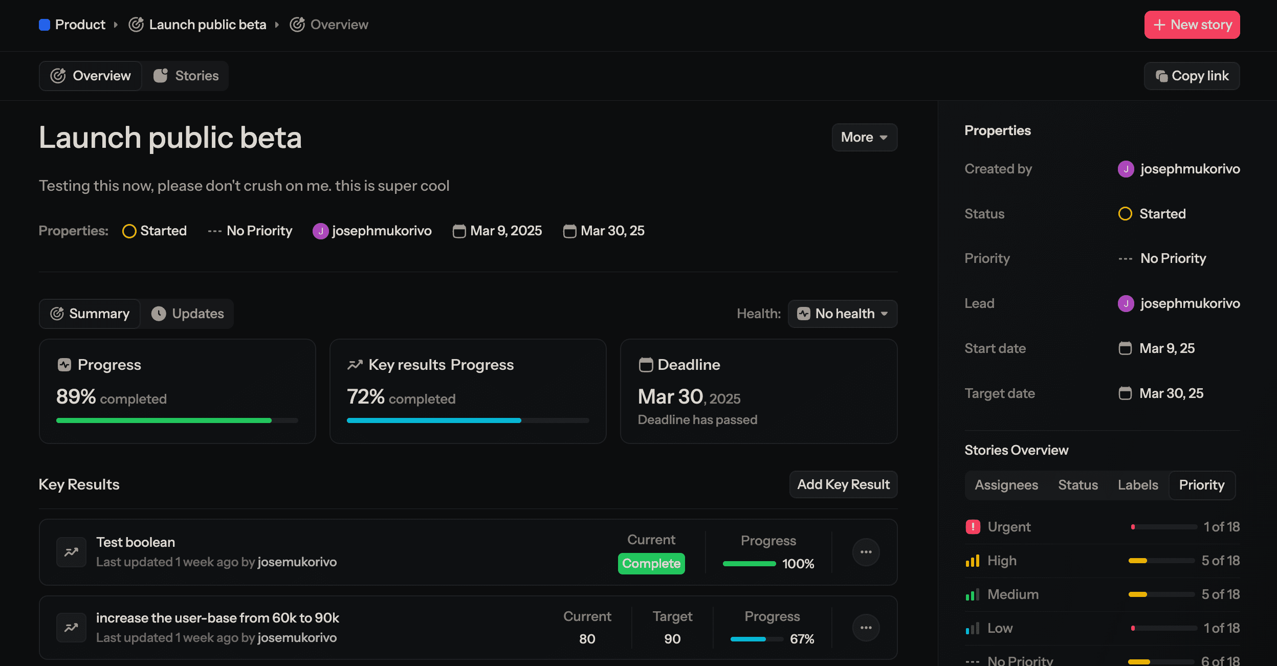 Complexus Objective Detail page showing Summary, Key Results, and Properties Panel