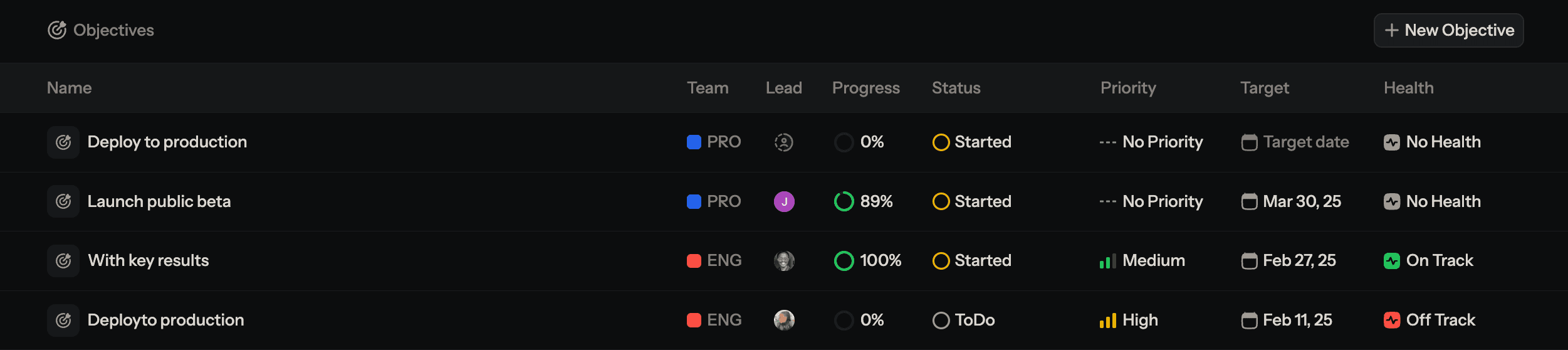 Complexus Objectives List View with multiple objectives and priority editing